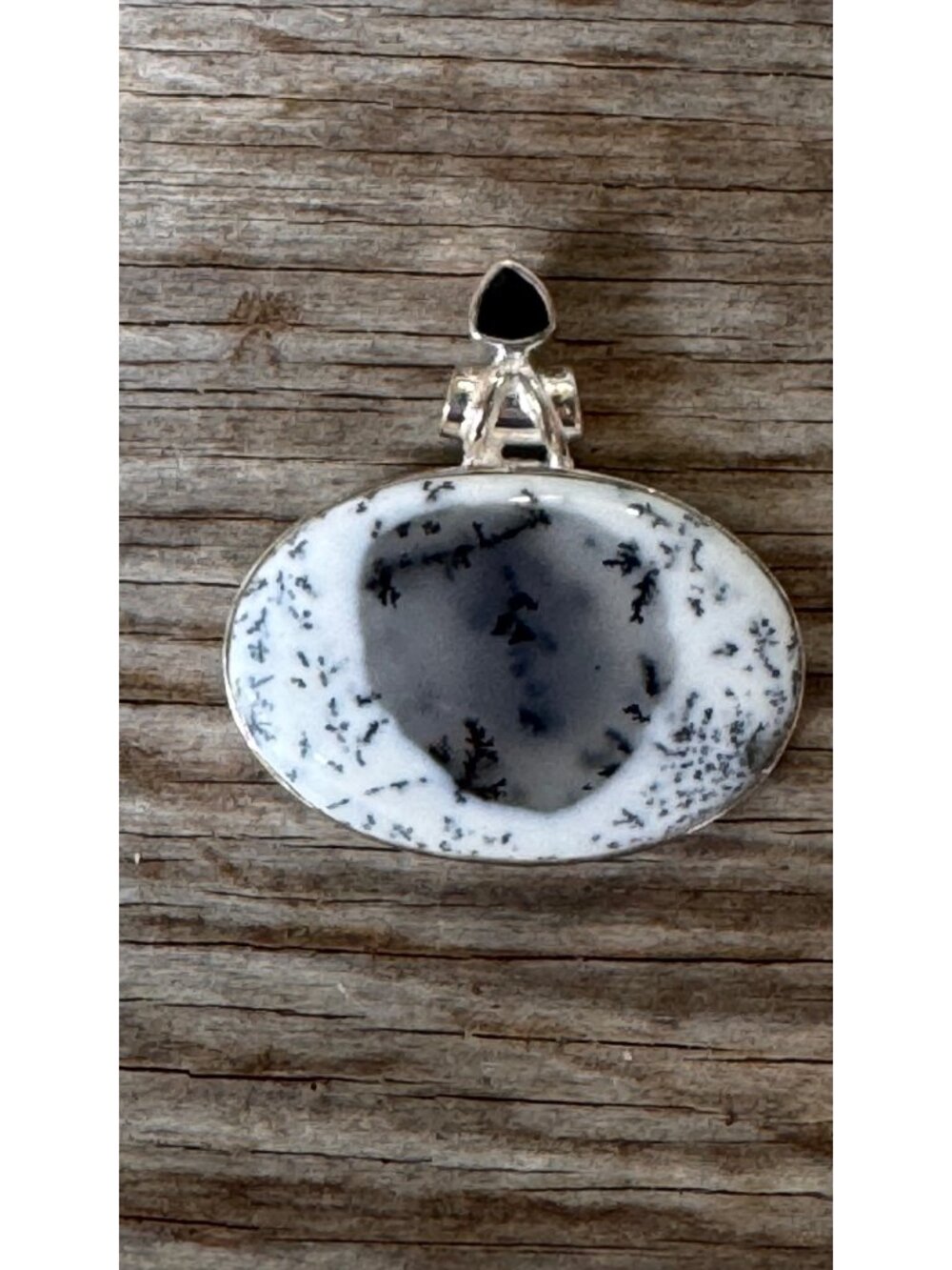 Sterling Silver 925 Dendritic Agate Black Stone Pendant 12.25g 1.5”